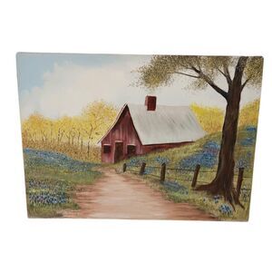 Vintage Painting Landscape Red Barn Bluebonnets Dirt Pathway Trees 14" x 10"